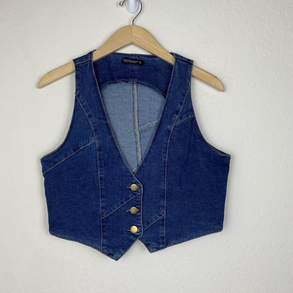 Emerson Lang L Denim Crop Top Vest Y2k Western Rodeo Cowgirl Blue Boho
